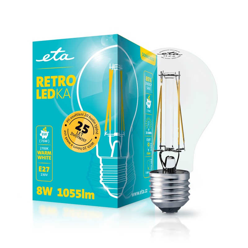 Žárovka LED ETA RETRO LEDka klasik filament 8W, E27, teplá bílá obrázek 1